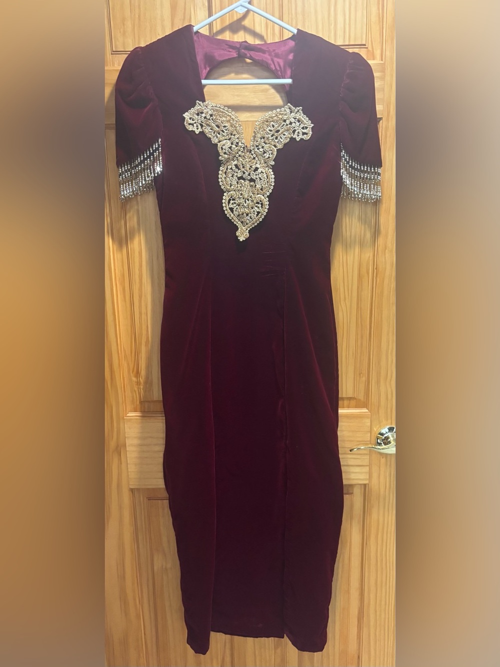 Elegant Burgundy Velvet Evening Dress with Gold Embellishment